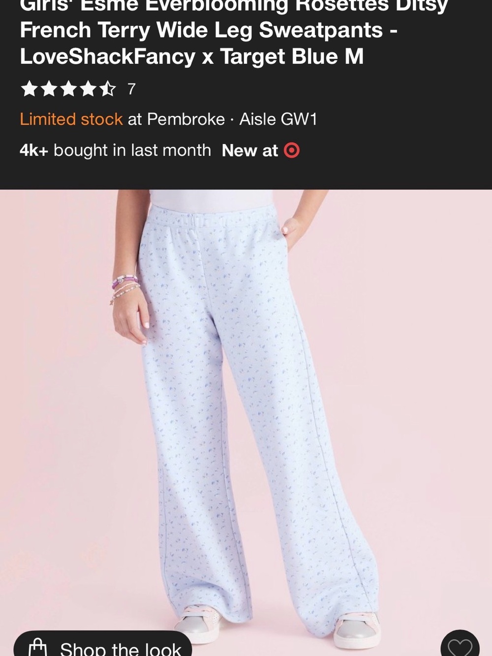 LoveShackFancy Light Blue Ditsy Rosette Wide-Leg Sweatpants